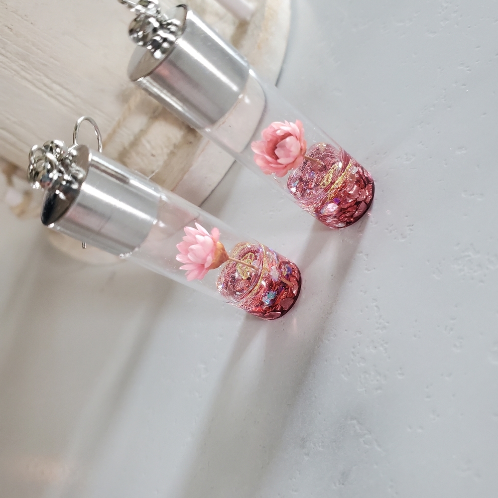 Pink Wish Flowers Glass Bottle Dangle Earrings - Picture 10 of 14